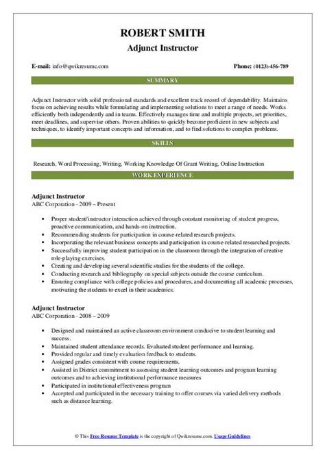 adjunct instructor resume samples qwikresume