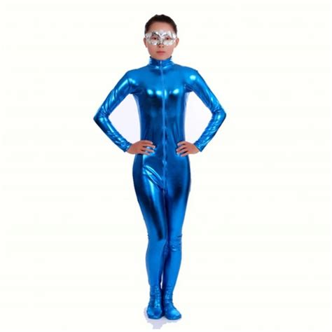 ensnovo nylon lycra shiny metallic turtleneck bodysuit blue unitard