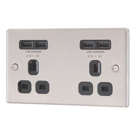 lap brushed steel double   gang wall socket  usb port black insert prs  ebay