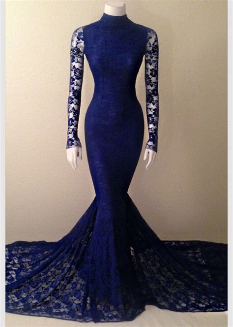2016 newest long sleeves royal blue prom dresses sexy mermaid lace