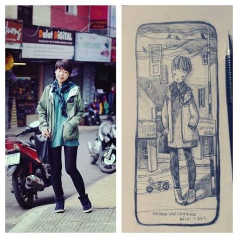 creative artist keeps a journal by drawing herself based on photographs