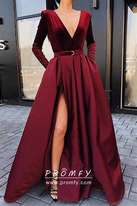 High Slit Long Sleeve Burgundy Satin Sexy Prom Gown Promfy
