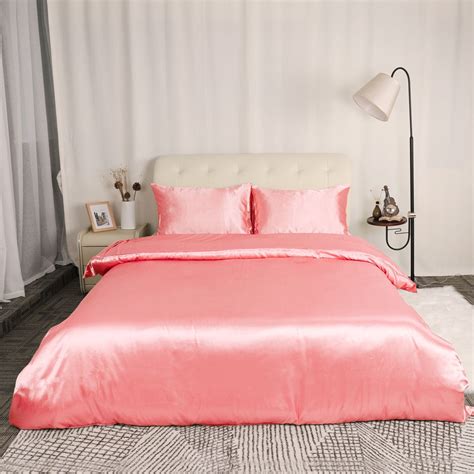 Satin Silk Comforter Duvet Cover Pillowcases Bedding Set Pink King