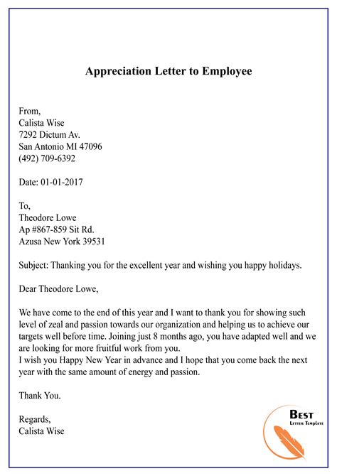 appreciation letter  employee   letter template