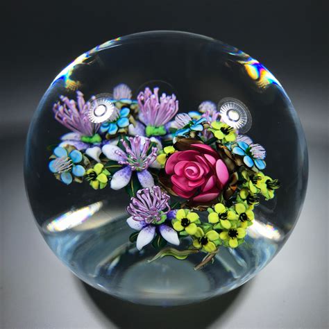 Ken Rosenfeld 2015 Art Glass Paperweight Large Lampwork Flower Bouquet