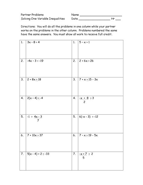 solving linear equations  inequalities worksheet  kidsworksheetfun