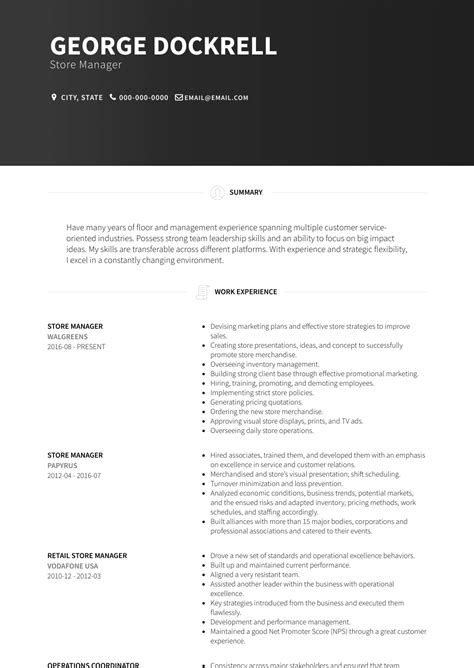 store manager resume samples  templates visualcv