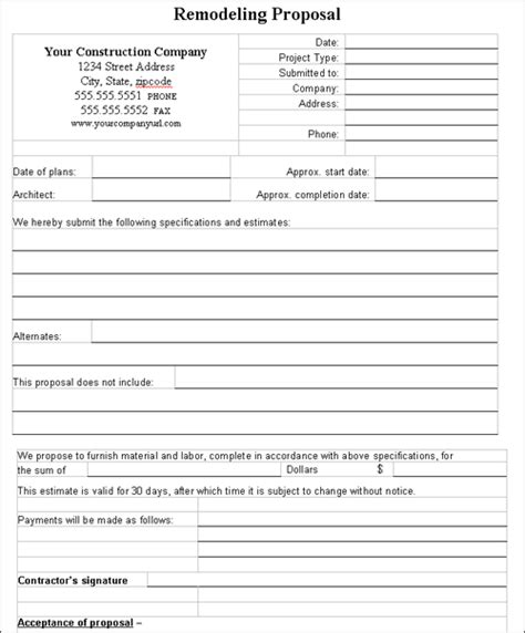 construction proposal template real estate forms proposal templates