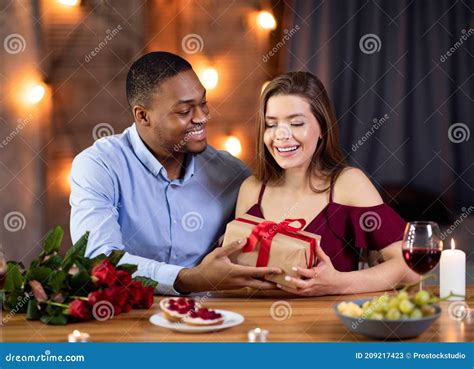 Valentine S Day Celebration Happy Romantic Interracial Couple Dining