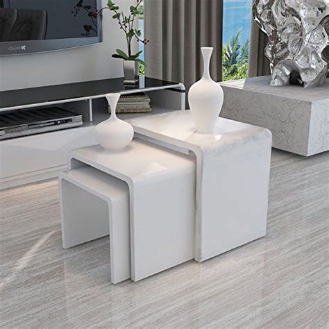 Uenjoy High Gloss Nest Of 3 Table White Coffee Table Side Table Living