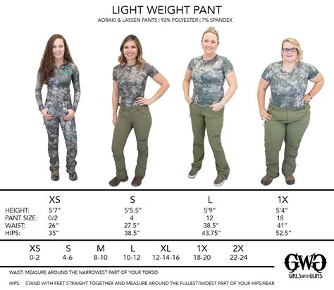 size chart lightweight pants girls  guns