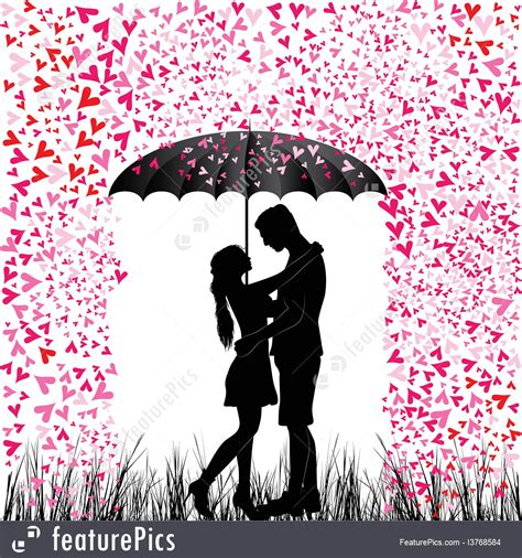 Kissing Couple Heart Rain Illustration