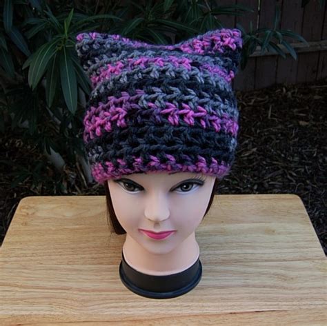 black pink and gray pussy cat hat with ears winter pussyhat aftcra