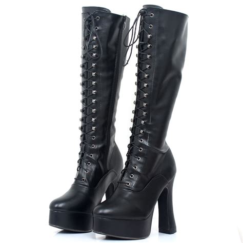 chunky high heel platform pu leather lace up knee high solid zipper