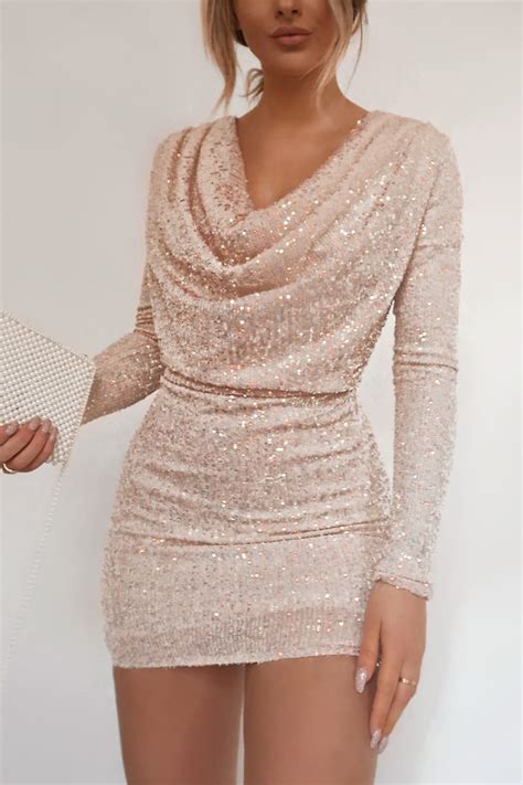 fashion influx cream sequin long sleeve cowl neck mini dress in the style