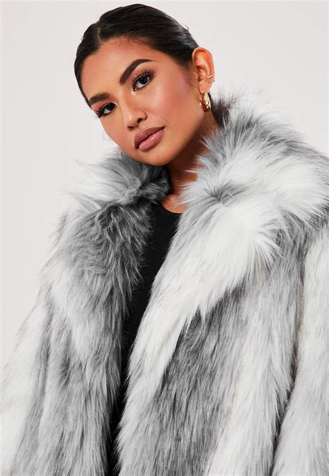 premium grey two tone faux fur coat missguided