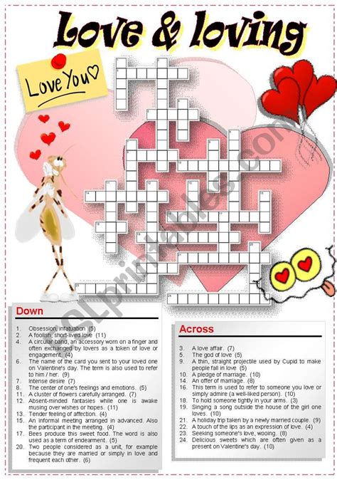 valentines crossword puzzle esl worksheet  pilarmham