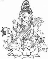 Saraswati Drawing Puja Coloring Pages Draw Goddess Learn Sketch Pic Kids Easy Maa Pencil Drawings Goddesses Stress Anti Line Color sketch template