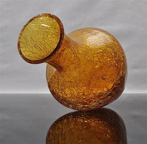 Vintage Golden Amber Crackle Glass Vase 1960s 70s Etsy