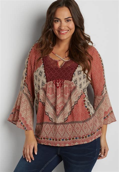 Plus Size Peasant Top In Patchwork Print With Lace Maurices