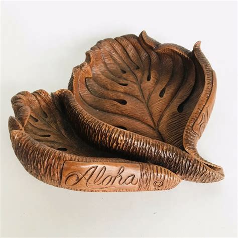 vintage coco joes aloha hawaii breadfruit leaf dish wood