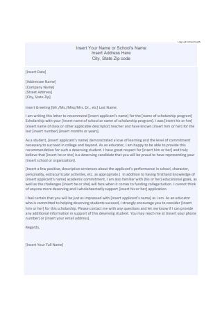 sample scholarship letter  recommendation   ms word
