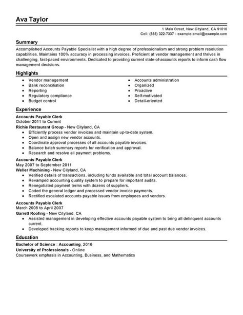 accounts payable specialist resume  resume templates resume