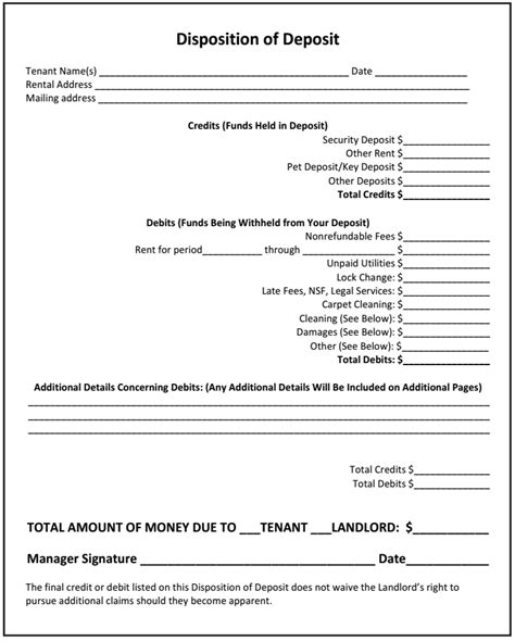 disposition  deposit   landlord  sample form