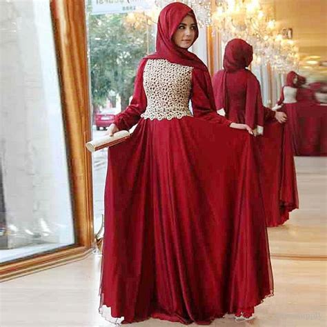 2017 New Design Hijab Evening Dress Long Sleeve Red Lace Chiffon Muslim