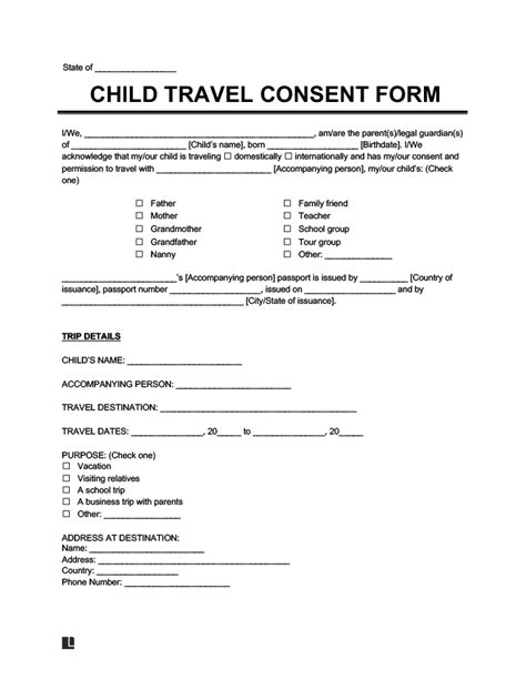 child minor travel consent form  word