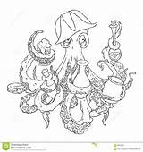 Octopus Drunk Tentacles Pirate Drunkard Drink Askew Cocked Hat Illustration Vector Coloring Isolated Alcohol Bottle sketch template