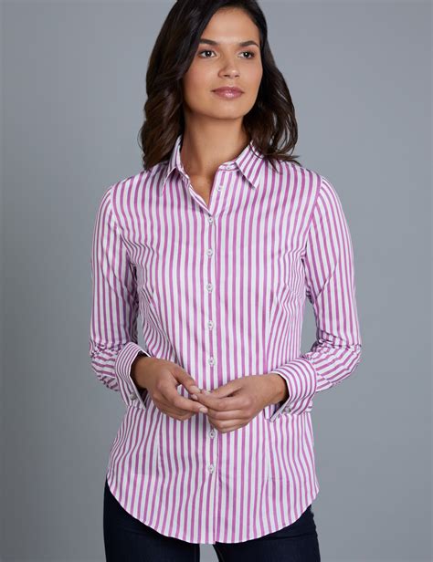 women s pink and white stripe fitted shirt with contrast detail double