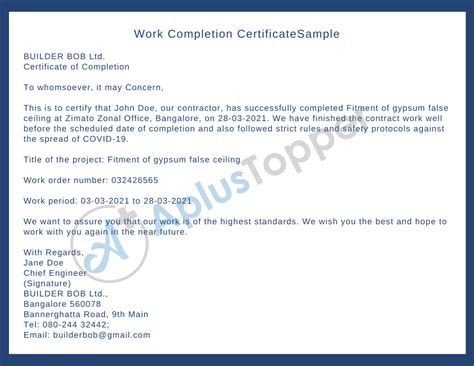 work completion certificate types contents format  sample