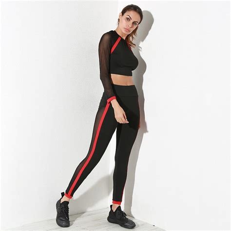 autumn sexy mesh running jogging sport suit women tracksuit yoga