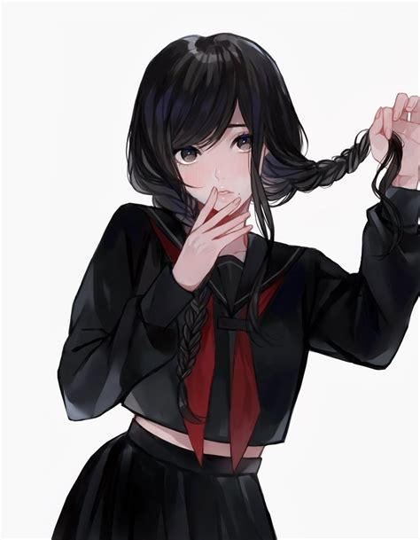 wallpaper  cute anime girl black dress ponytails