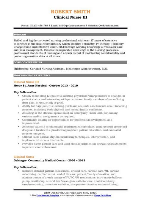 Clinical Nurse Resume Samples Qwikresume