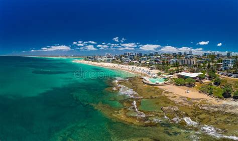 aerial drone panoramic image  ocean waves   kings beach caloundra queensland australia