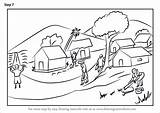Village Scenery Draw Step Drawing Villages Tutorials sketch template