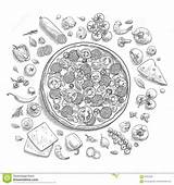 Doodle Isolated Pizza Ingredients Set Style Background Preview sketch template
