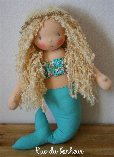 mermaid doll with curly blonde hair and liberty top waldorf doll textile doll fabric doll