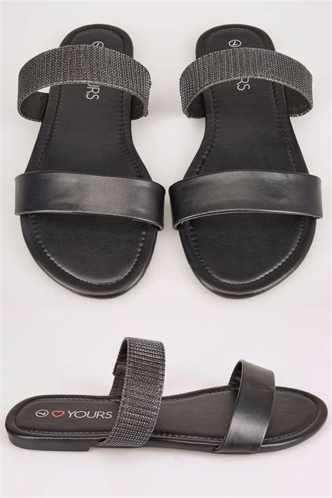 black double strap slider sandals in eee fit
