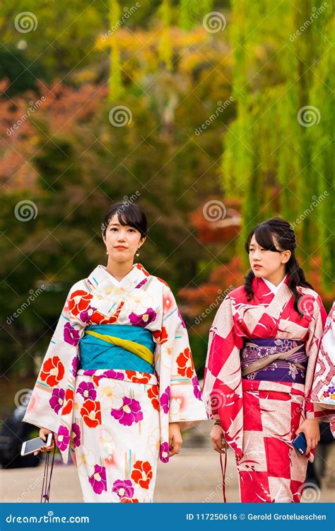 Kyoto Japan November 7 2017 Two Girls In A Kimono On A City Street