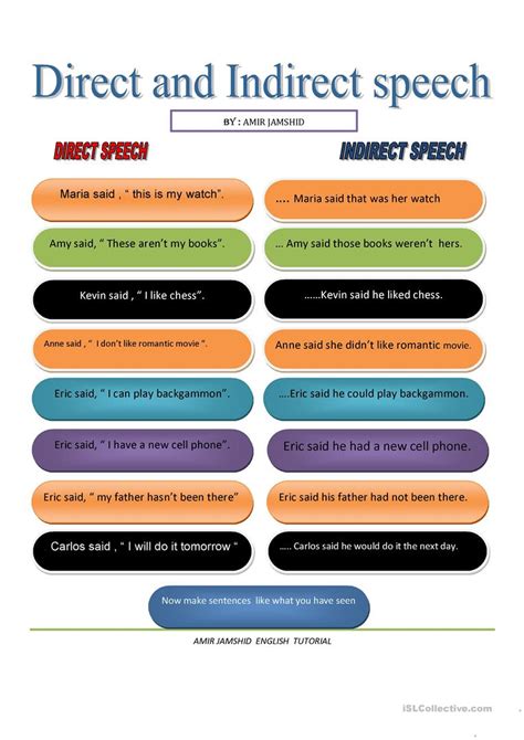 direct  indirect speech english esl worksheets