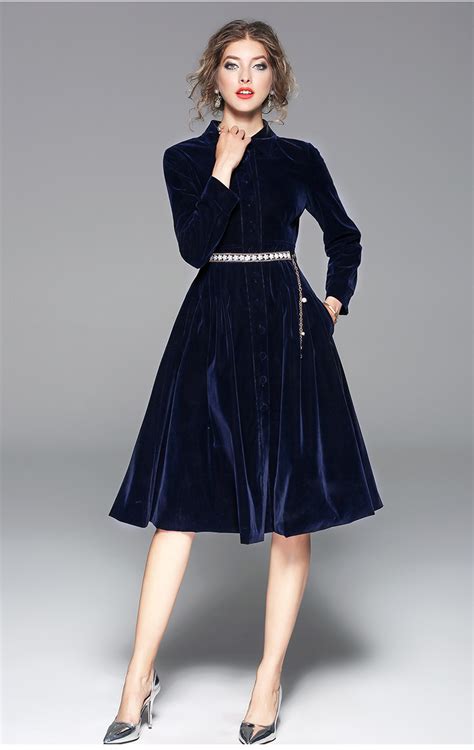 2019 Elegant Dress Coat Jacket Navy Blue Velvet Turn Down
