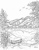 Coloring Pages Mountains Printable Landscape Mountain Nature Drawing Lake Colouring Canoe Adult Scene Adults Kids Jasper Serenity Water Landscapes Book sketch template