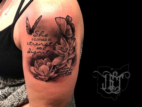 Lotus Flower And Lettering Quarter Half Sleeve Tattoos