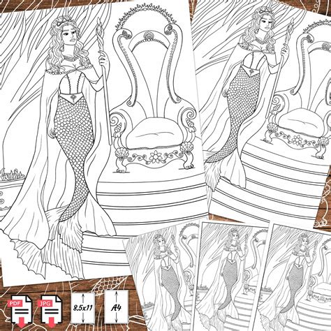 coloring page beautiful mermaid queen etsy