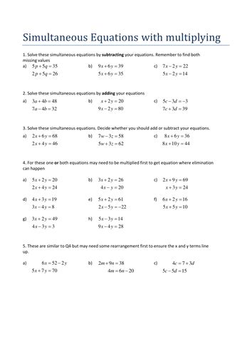 simultaneous equations  multiplying worksheet  tristanjones
