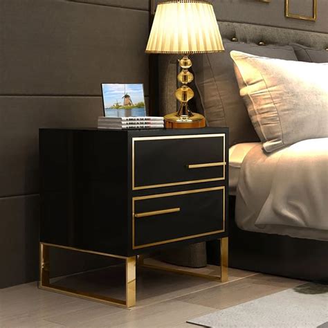 modern black nightstand lacquered  drawer bedside table gold finish