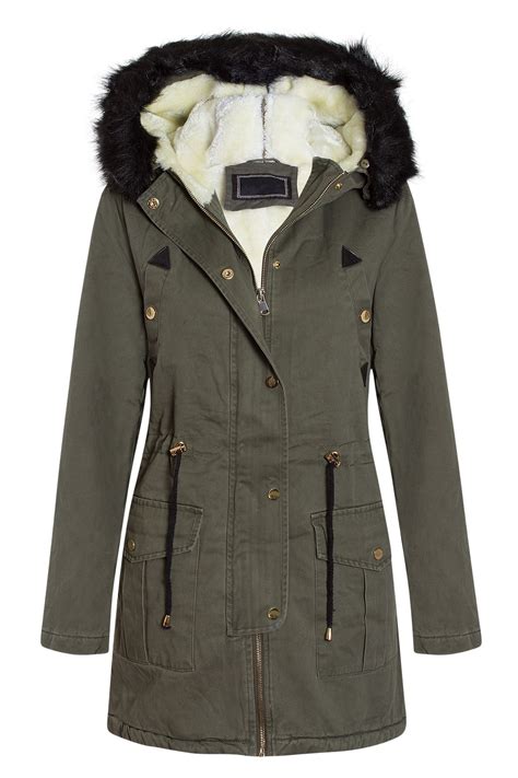 womens ladies faux fur detachable trim hood zipped parka jacket coat ebay